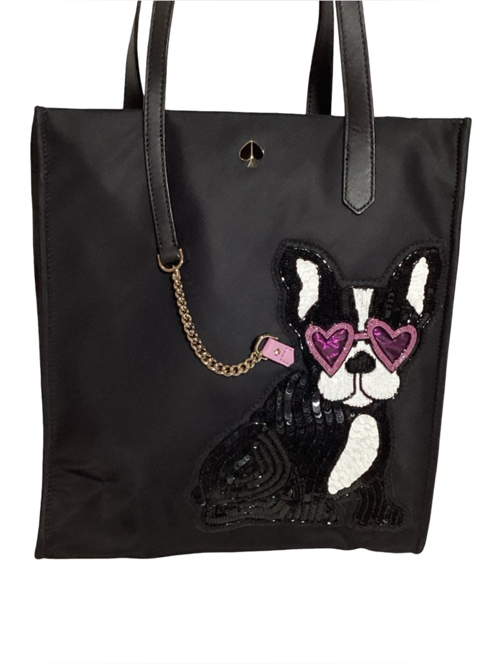 Kate Spade Kitt Francois Large NS Black Nylon Tote Bag Sequin Bull Dog